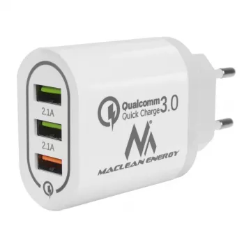 Sienas lādētājs MACLEAN MCE479W — 3 portu USB ātrais lādētājs, 18W kopējā jauda