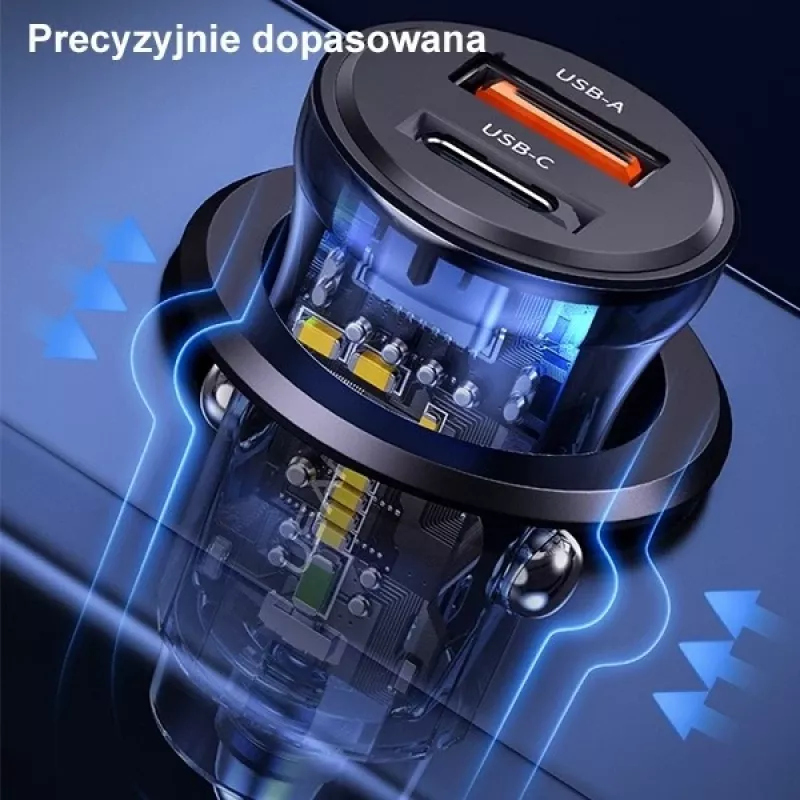 usams CC164CC01 30W auto lādētājs ar 1×USB-A un 1×USB-C ātrai uzlādei