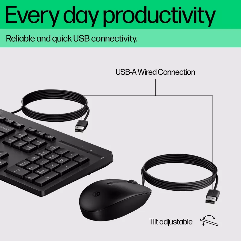 HP 225 G2 USB vadu peles un tastatūras komplekts, Copilot taustiņš, šķidruma izturīgs - Melns - IGAUNU