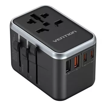 Vention FJFB0 ceļojumu lādētājs 65W — 2× USB-C PD/PPS, 2× USB-A QC/BC, HDMI izeja, alumīnijs/melns