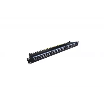 Patch Panel 19 inch 24 Porti, CAT6, S/FTP, 1U, ar Kabeļa Atbalstu, Melns