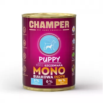 CHAMPER Puppy Monoprotein Tītars - slapjā suņu barība - 400g