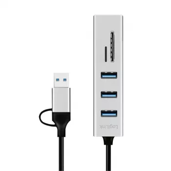 USB 3.0 centrmezgls ar USB-A un SD/microSD slotu, 2-in-1 kabelis