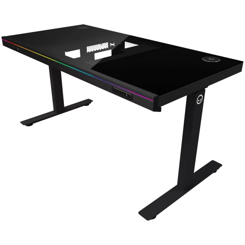 Divmotoru sēdus-stāvus regulējams spēļu galds ar iebūvētu PC korpusu, bezvadu lādētāju, RGB apgaismojumu, vadības paneli un USB portiem, rūdīta stikla virsma, melns