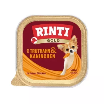 Slapjā suņu barība RINTI Gold Mini — Tītars ar trusi, pilnvērtīga barība, 100 g trauciņš, mazām pieaugušām suņu šķirnēm (5–10 kg)
