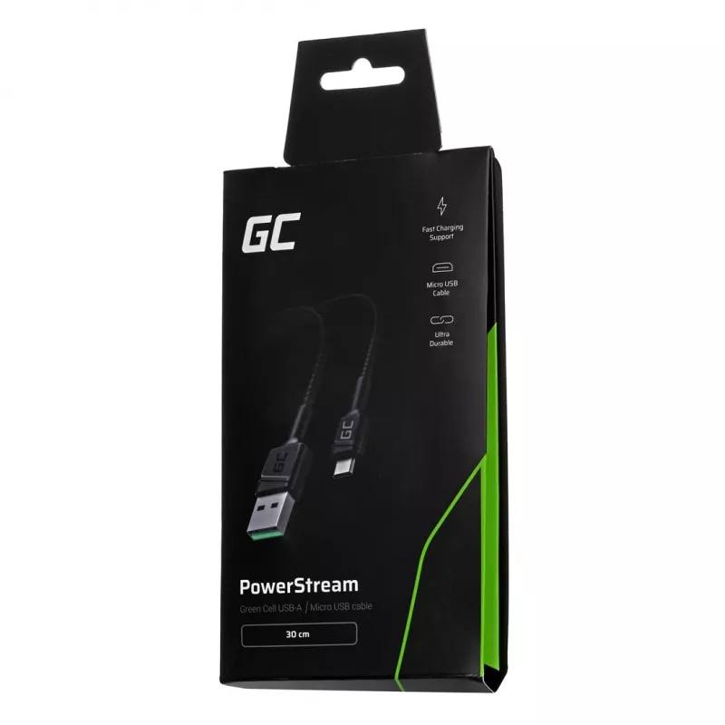 USB 2.0 kabelis Green Cell KABGC23, USB A — Micro-USB B, 0,3 m, melns