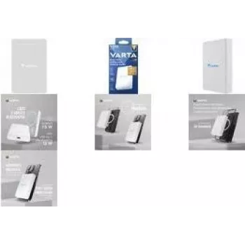 Power bank Varta Mag Pro Wireless 5000 — LiPo 5000 mAh, 3,7 V, bezvadu uzlāde, 2 ierīču izvade, balts