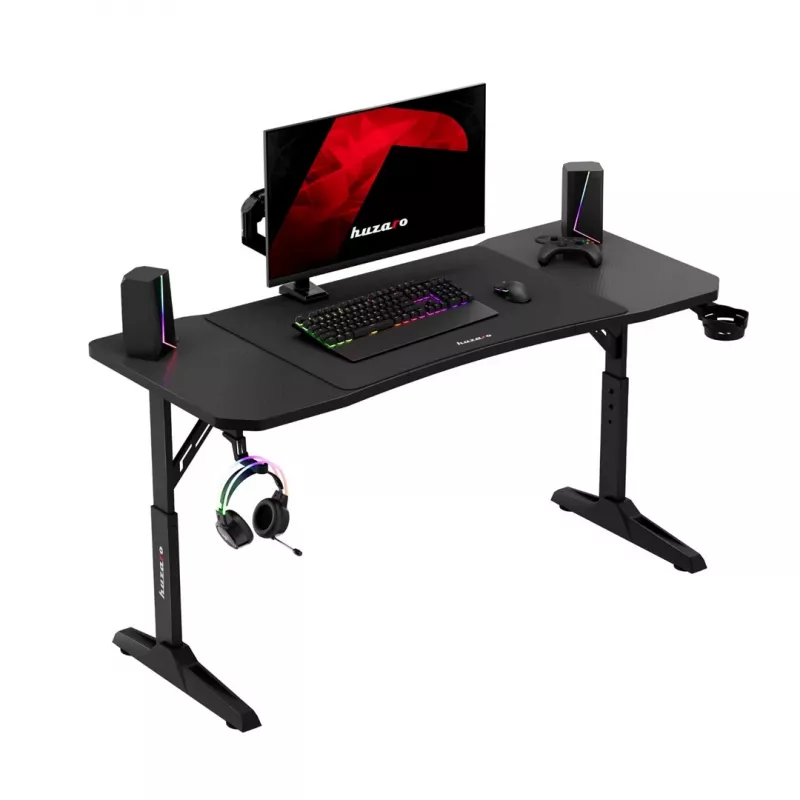 Gaminga galds huzaro Hero 3.6 — taisnstūra 1400×600 mm, augstuma regulējums 560–790 mm, melns, H-kājas, 15 mm virsma