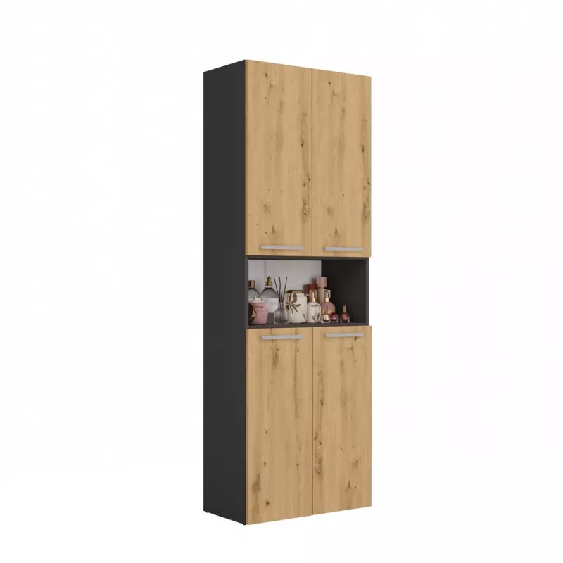 Vannas istabas skapis Top e Shop NEL 1K DK ANT/ART KP — Grafīts/Ozols, brīvi stāvošs, 5 plaukti, 600×300×1740 mm