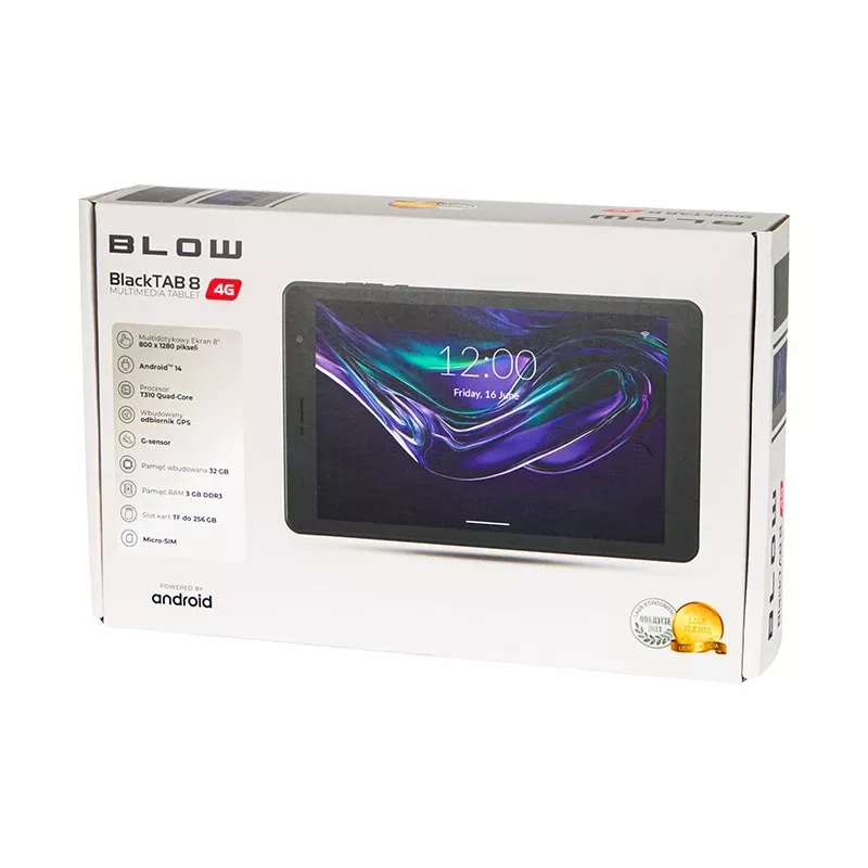 BLOW BlackTAB8 79-071 planšetdators, 8 collu IPS 1280×800, 3 GB RAM, 32 GB, 4G LTE, Android 14, microSD, melnā krāsā