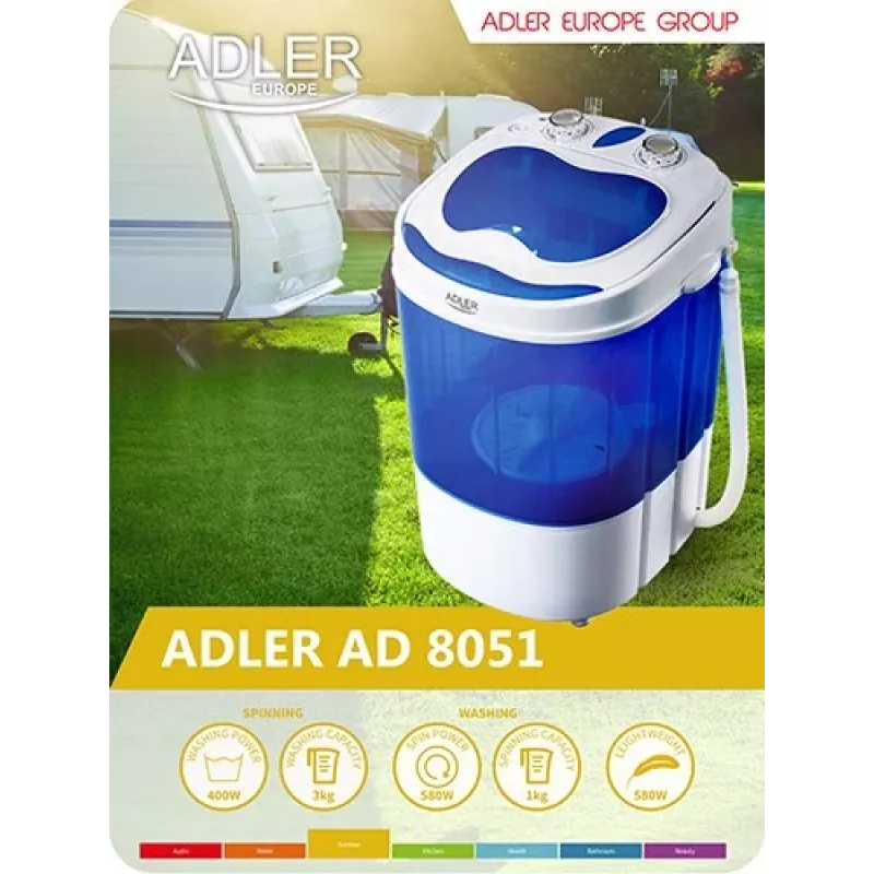 Adler AD 8051 veļas mašīna, augšējā ielāde, 3 kg, balta/zila