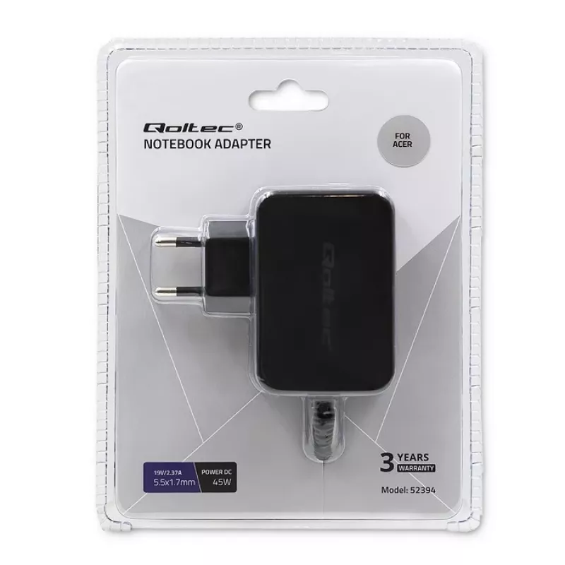 Barošanas bloks QOLTEC 45W 19V 2,37A ar 5,5x1,7 mm savienotāju