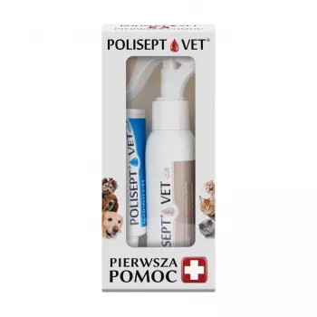 Veterinārā pirmās palīdzības aptieciņa JM Sante Polisept Vet suņiem un kaķiem – brūču kopšanas ziežu komplekts, 150 g, kartona iepakojums