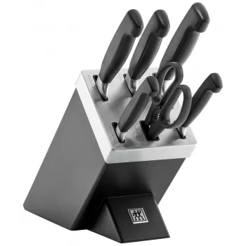 ZWILLING 35145-007-0 — 7-daļīgs nažu un griešanas dēļa komplekts ar pavāra nazi, dārzeņu nazi, maizes nazi, virtuves šķērēm, melns bloks