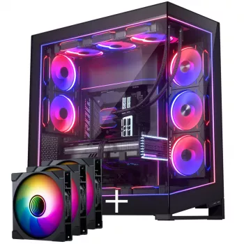 PHANTEKS NV-Series NV9 MK2 PC-Korpuss, EATX, DRGB, Rūdīts Stikls - melns & M25 Gen2 PWM D-RGB Ventilators 3-Paka - Reversais Lāpstiņas, 140mm, melns + DRG