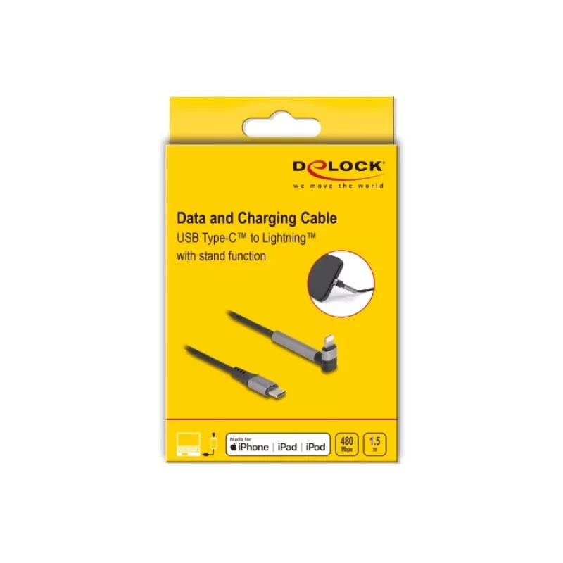 USB Type-C uz Lightning uzlādes un datu kabelis ar leņķa savienotāju un statīva funkciju, DELOCK 1.5 m, 9 V 3 A (MFi)