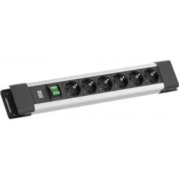 Pagarinātājs Bachmann CONNECTUS ar 6× CEE7/3 kontaktligzdām, 1× slēdzi, 2,0 m kabeli, CEE7/7 spraudni, pelēks