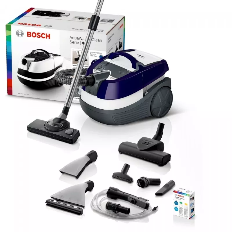 Slapjās un sausās tīrīšanas putekļsūcējs Bosch BWD 41740 AquaWash&Clean — 1700 W, 5 L tvertne, EPA filtrs, teleskopiskā caurule, 9 m rādiuss, violets