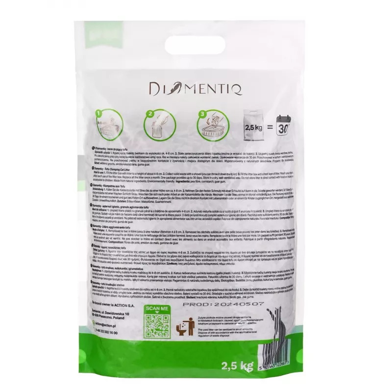 DIAMENTIQ Tofu Neutral Ultra klājošs augu bāzes pakaiši kaķiem - 2.5 kg