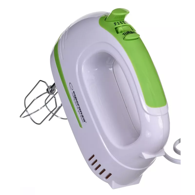Rokas mikseris ESPERANZA EKM011 — 400 W, 5 ātrumi, turbo, mīklas āķi un putotāji, 220–240 V, balts/gaiši zaļš