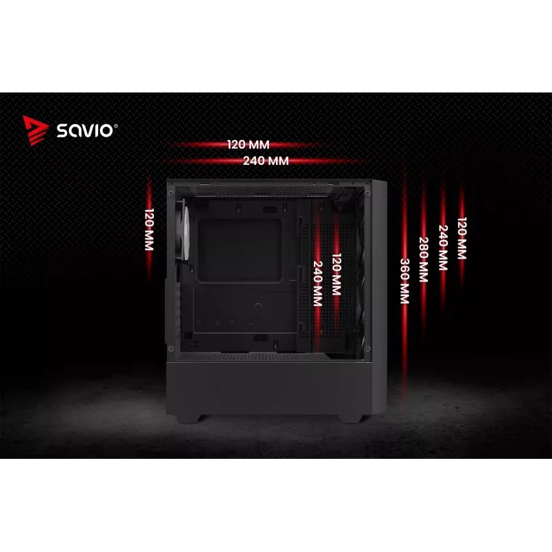 PC korpuss SAVIO Noctis Flow RGB — Cube, ATX/Mini-ITX, 3x 120 mm priekšējie ventilatori, rūdīta stikla sāns, max GPU 35 cm