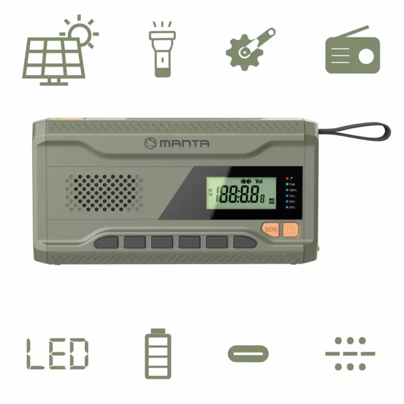 Portatīvais FM radio MANTA RDI401G ar saules paneli, dinamo rokturi, 4000–4500mAh akumulatoru, 5V USB izeju, 3W, lukturīti