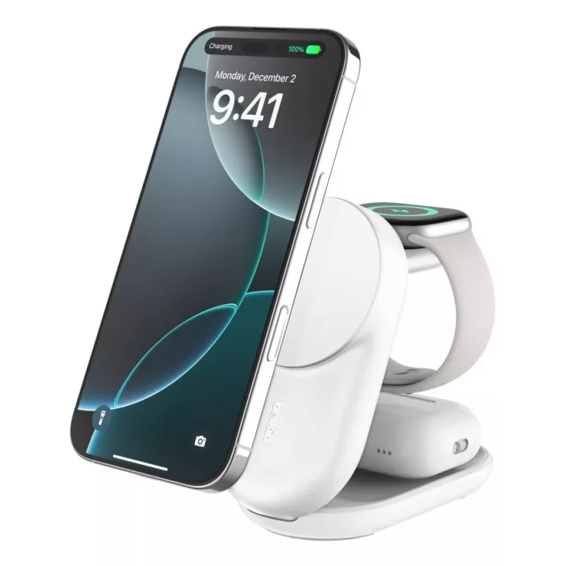 Iekštelpu lādētājs Belkin UltraCharge 25W Qi2 3in1 Magnētiskais lādētājs EU Balts Apaļš
