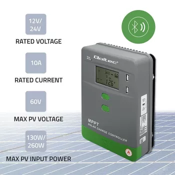 MPPT Saules lādētāja kontrolieris QOLTEC 10A 12V/24V sistēmām ar LCD displeju