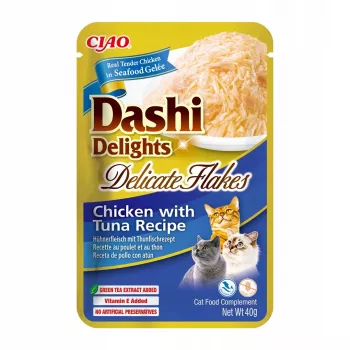 Slapjie kaķu gardumi INABA Dashi Delights Delicate Flakes Chicken with Tuna 40 g paciņa