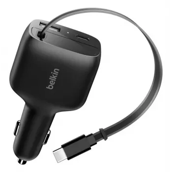 Belkin 75W 2-Port uzlādes lādētājs ar ievelkamu USB-C kabeli automašīnai (CCC001HQBK)