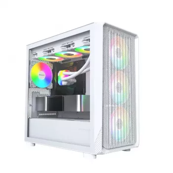 PC korpuss Montech X5M (W) Micro Tower, balts — Micro-ATX/Mini-ITX, atbalsta ATX barošanas bloku, 3x120mm priekšā, 1x120mm aizmugurē, 2x3.5 collu sloti, 4x2.5 collu sloti