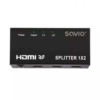 HDMI signāla sadalītājs SAVIO CL-42 — 2 HDMI izejas, 1920x1080, 36 bitu krāsa, metāla korpuss, 5V/1A