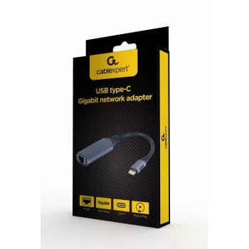 Tīkla adapteris Gembird A-USB3C-LAN-01 Type-C USB 3.2 Gen 1, Gigabit RJ-45, 0,15 m kabelis, metāla korpuss, pelēks/melns