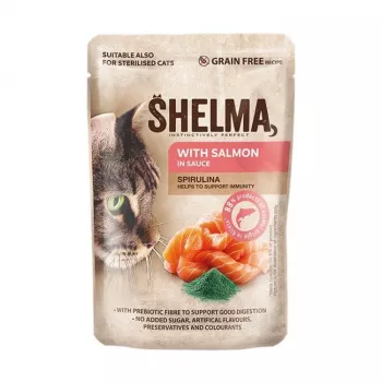 Slapjā kaķu barība SHELMA ar lasi un mencu mērcē, 4 x 85 g paciņas