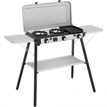 Camping Kitchen 2 Multi Cook Plus gāzes plīts Grey, 2 gatavošanas zonas 2x 1,8 kW + Grila plāksne 0,9 kW, modelis 2025