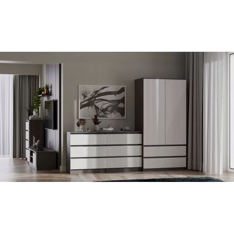 Drēbju skapis MALWA SS-90, 90×180×50 cm, antracīts rāmis, baltas veramas durvis, 2 atvilktnes, laminēta skaidu plate 16 mm
