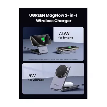 UGREEN W528 bezvadu lādētājs telefoniem un austiņām, pelēks, ar īssavienojuma un zemsprieguma aizsardzību