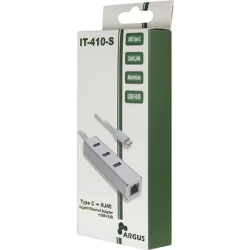 Inter-Tech Argus IT-410-S - USB 3.2 Gen 1 Type-C centrmezgls ar Gigabit Ethernet un USB-A pieslēgvietu - pelēks alumīnijs