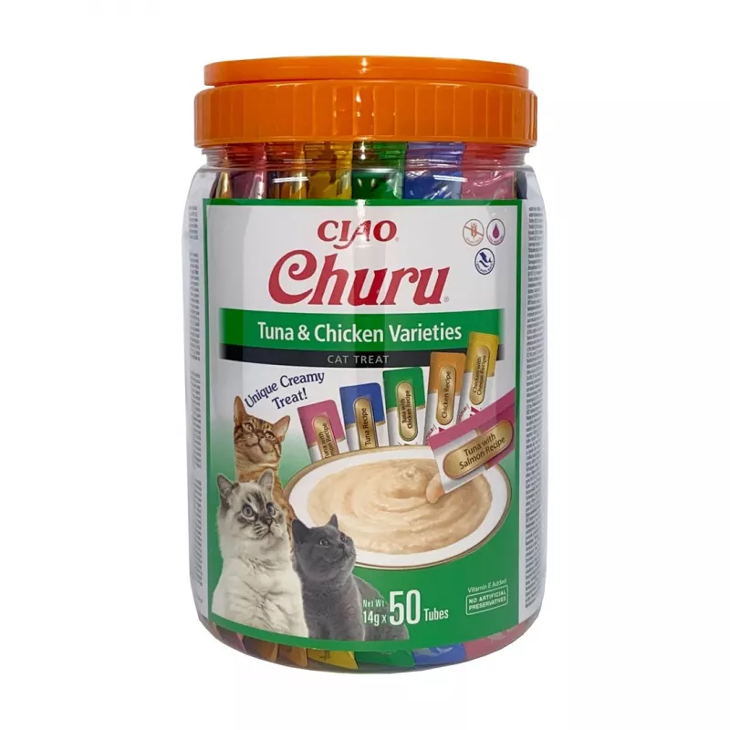 Slapjie kaķu gardumi INABA Churu Varieties – Vistas un tuncis, 50 x 14 g pastas tūbiņas, bezgraudu, bez lipekļa un bez cukura