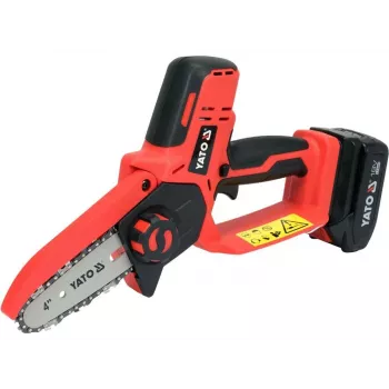 Bezvada motorzāģis YATO YT-828135 — 18V Li-Ion 2Ah, 10 cm riepa, 3200 RPM, 4.8 m/s ķēdes ātrums, 26 posmi