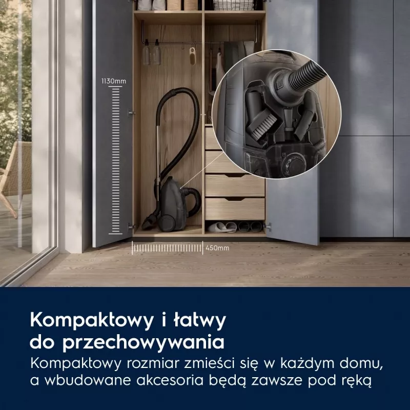 Mucas putekļsūcējs Electrolux EB31C1DB 750W, 3 L putekļu maiss, HEPA filtrs, teleskopiska tērauda caurule