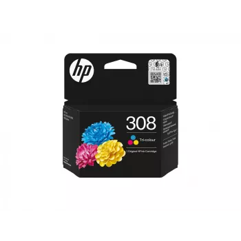 HP 308 Tri-color Original Ink Kasetne, Standarta ietilpība, Ciāna, Fuksīna, Dzeltena, Uz tintes bāzes, 1 gab., 120 lpp., Kombopaka