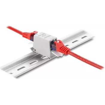 Savienotājs DELOCK RJ45 Cat.6A sievišķais-sievišķais ar putekļu vāciņu, ekranēts, DIN-sliežu stiprinājums, pelēks/balts