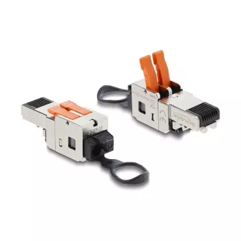 DELOCK RJ45 spraudnis ar skavas fiksatoru 2 polu +/- bezinstrumentu, kombinēts barošanas savienotājs, vīrišķais, melns/nerūsējošais tērauds