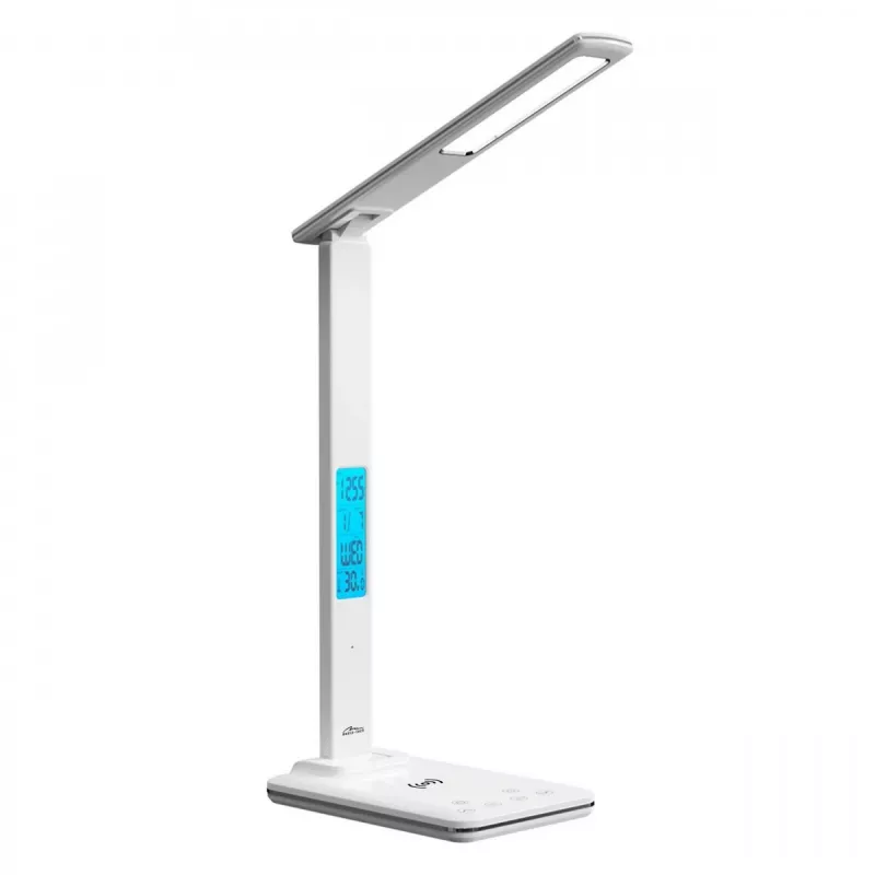 Media-Tech MT222 Leditou LED galda lampa ar 15 W Qi bezvadu uzlādi, pulksteni, modinātāju, termometru, baltā krāsā