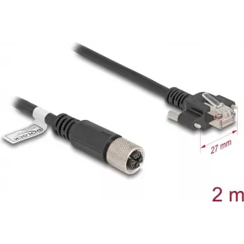 DeLOCK M12 X-kodēts 8 kontaktu sievišķais uz RJ45 spraudni Cat.6A 2 m melns tīkla kabelis