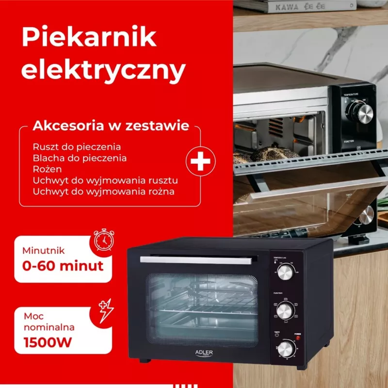 Kompakts elektriskais galda cepeškrāsns Adler AD 6026 — 48 L, 1800 W, mehānisks taimeris