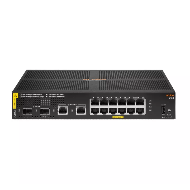 HPE Aruba Networking 6100 12G Class4 PoE 2G/2SFP+ 139W pārvaldāms L3 Gigabit Ethernet (10/100/1000) PoE slēdzis, 1U, melns