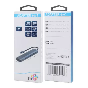 Adapter HUB USB-C 6in1 – HDMI, 3xUSB, PD, RJ-45