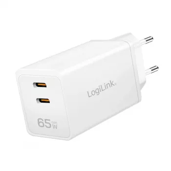 Divkāršs USB-C lādētājs 65W, 2xUSB-C, balts